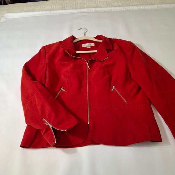 Peplum Crop Sz 16P Conrad C Proportion Petite Red Suede Blazer Jacket Zip Lined - Picture 12 of 15